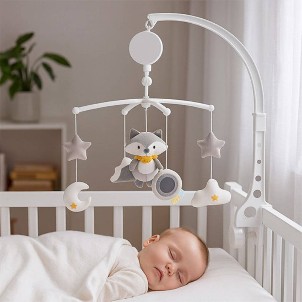 Mobile Musical Bébé Berceau – Rotation 360° Sans Pile avec Peluches Apaisantes - Kidstresor