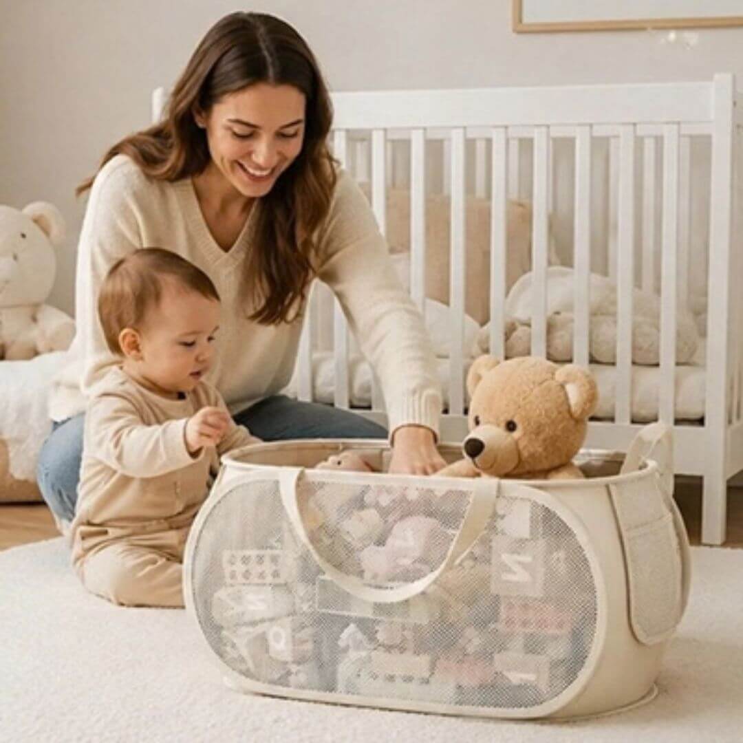 Panier de Rangement Jouets et Peluches – Grande Capacité, Tissu et Maille Beige - Kidstresor