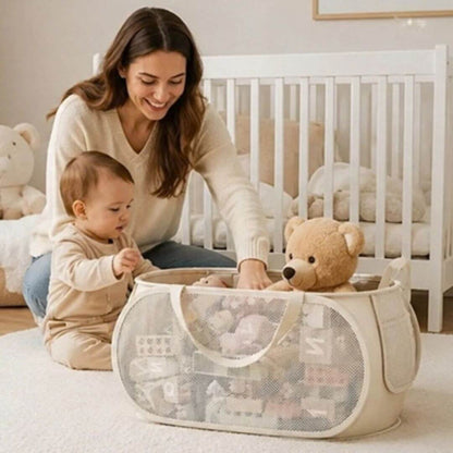 Panier de Rangement Jouets et Peluches – Grande Capacité, Tissu et Maille Beige - Kidstresor
