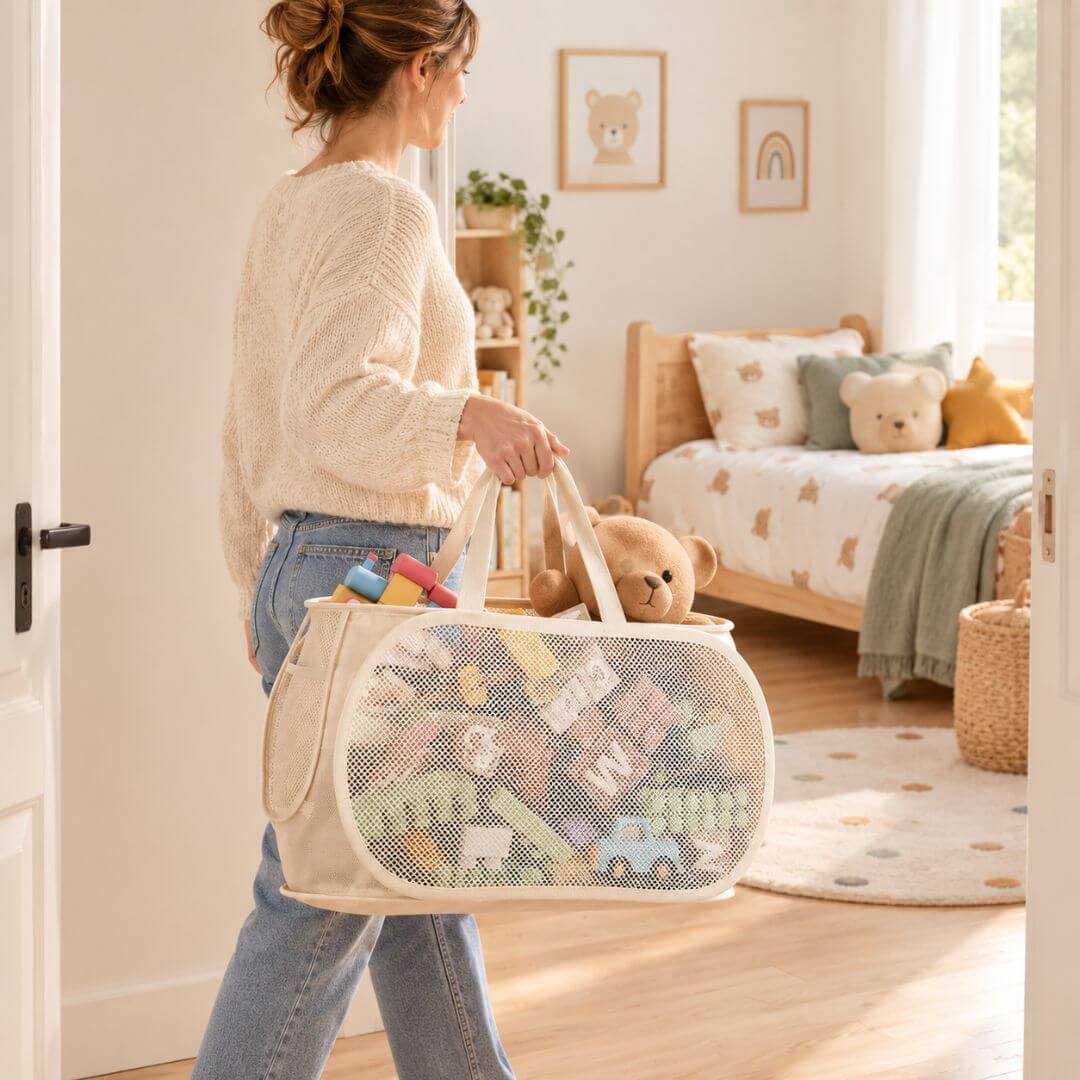 Panier de Rangement Jouets et Peluches – Grande Capacité, Tissu et Maille Beige - Kidstresor