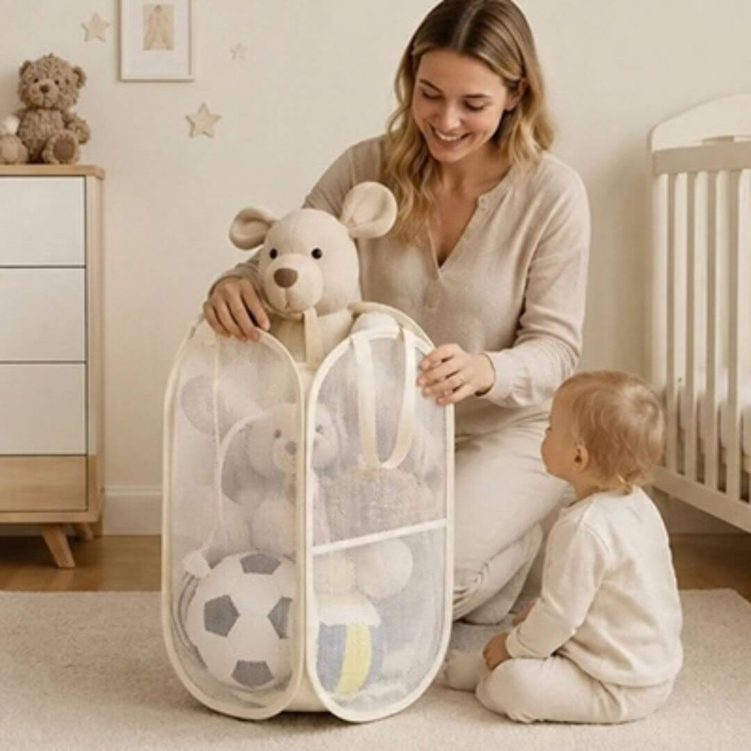 Panier de Rangement Jouets et Peluches – Grande Capacité, Tissu et Maille Beige - Kidstresor