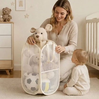 Panier de Rangement Jouets et Peluches – Grande Capacité, Tissu et Maille Beige - Kidstresor