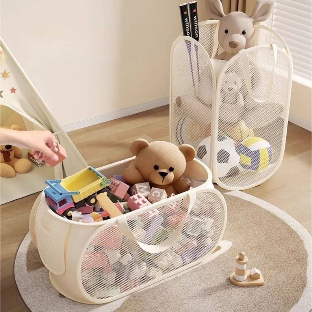 Panier de Rangement Jouets et Peluches – Grande Capacité, Tissu et Maille Beige - Kidstresor