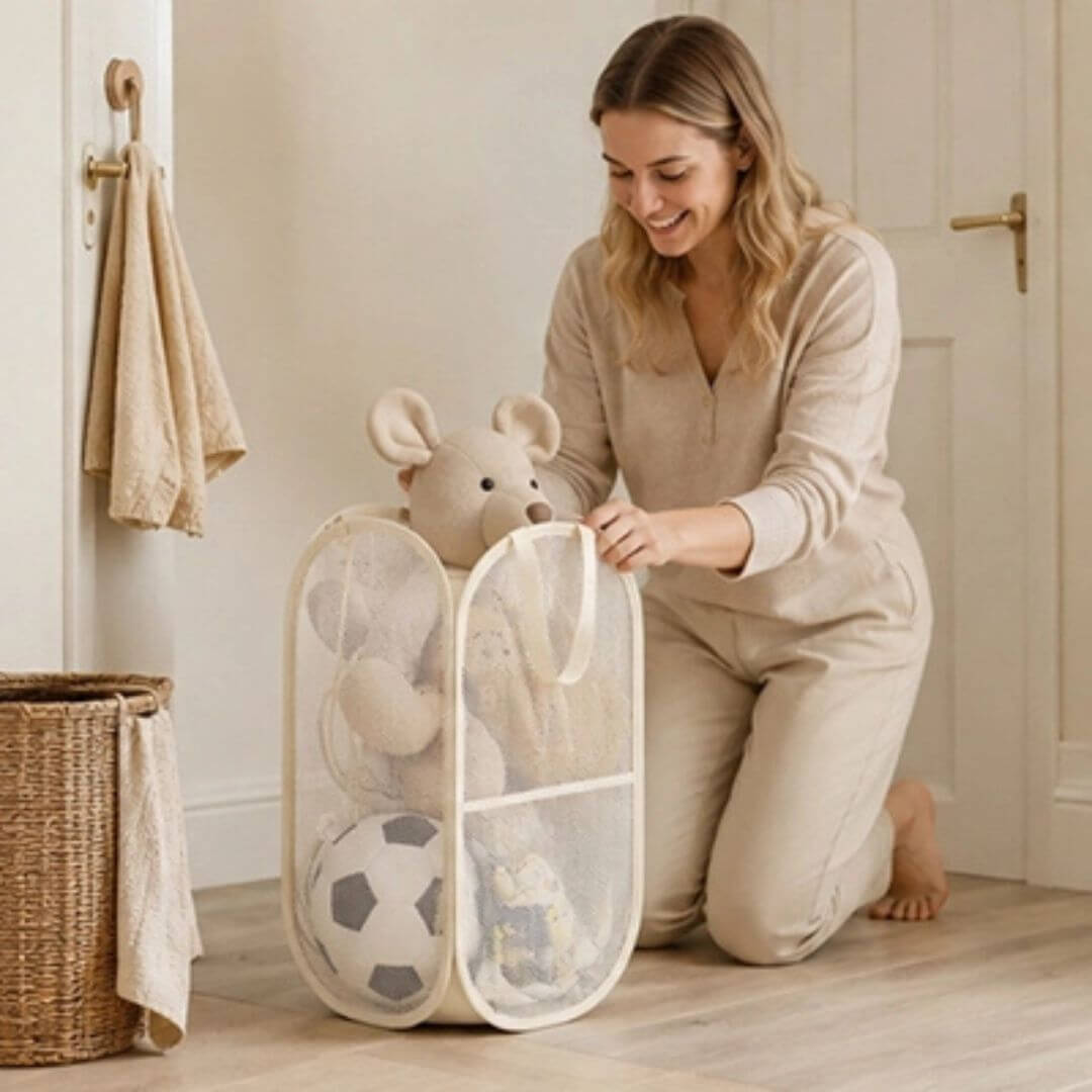Panier de Rangement Jouets et Peluches – Grande Capacité, Tissu et Maille Beige - Kidstresor