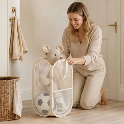 Panier de Rangement Jouets et Peluches – Grande Capacité, Tissu et Maille Beige - Kidstresor