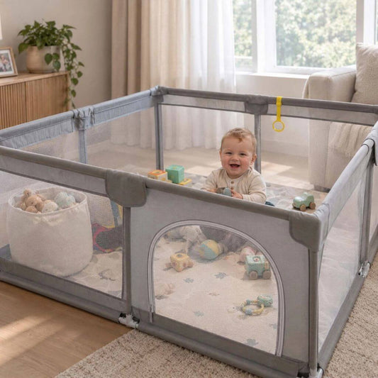 Parc Bébé 150 x 180 cm Pliable avec Porte Zippée – Gris - Kidstresor