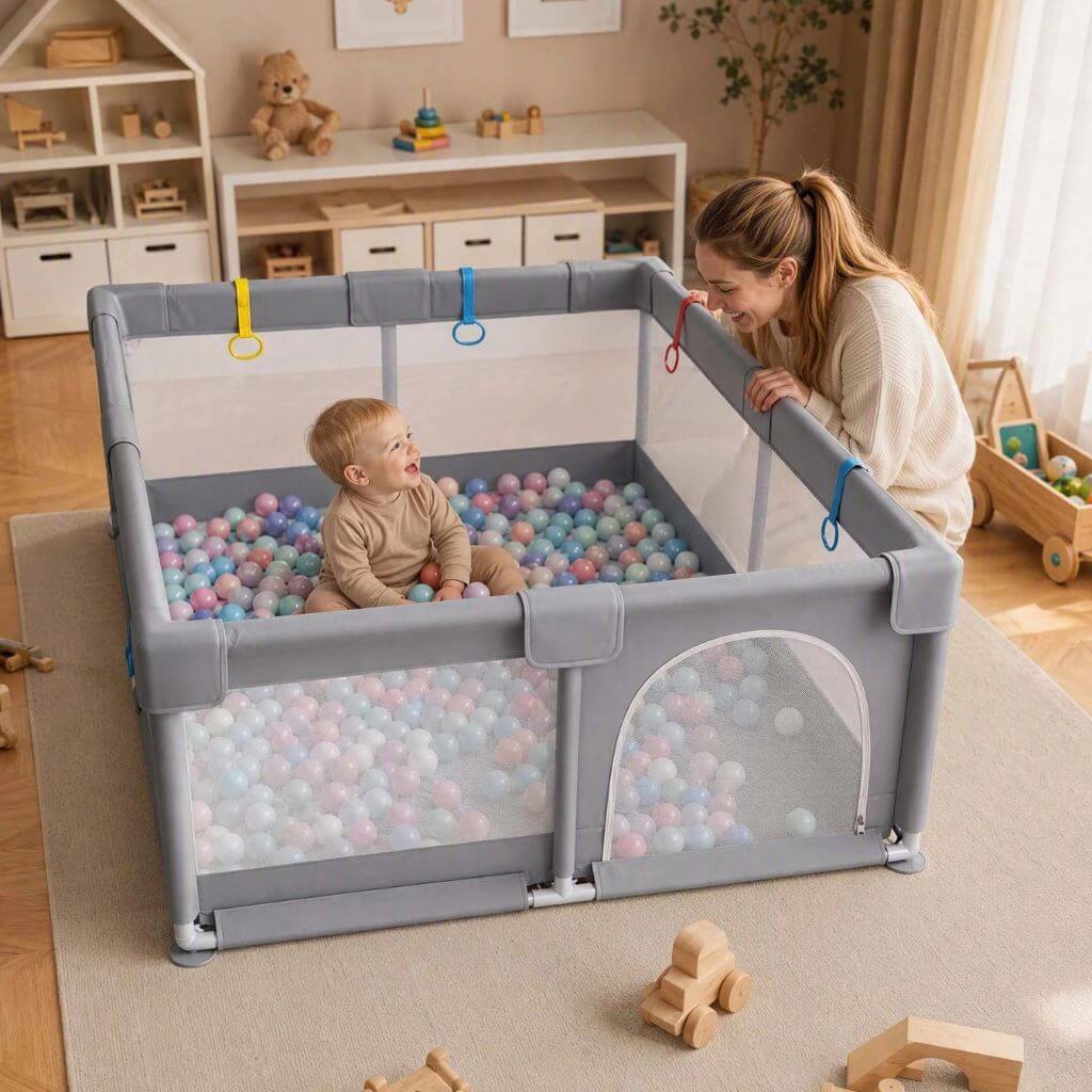 Parc Bébé 150 x 180 cm Pliable avec Porte Zippée – Gris - Kidstresor