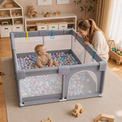 Parc Bébé 150 x 180 cm Pliable avec Porte Zippée – Gris - Kidstresor