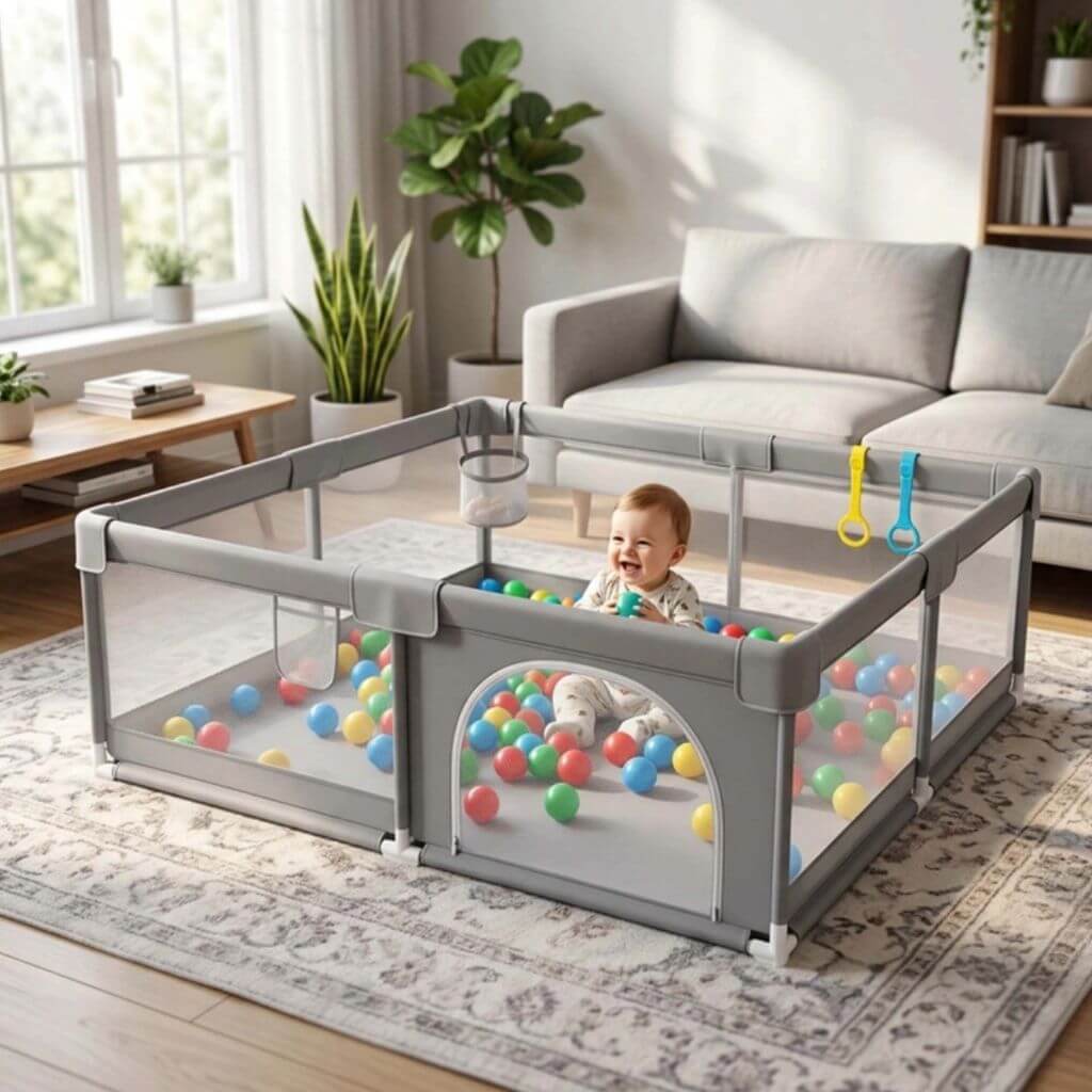 Parc Bébé 150 x 180 cm Pliable avec Porte Zippée – Gris - Kidstresor