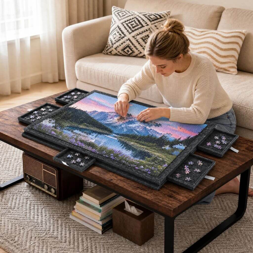 Plateau Puzzle 1000 Pièces avec 6 Tiroirs et Couvercle Support – Gris - Kidstresor