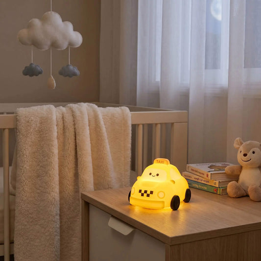 Veilleuse Enfant Taxi Jaune LED Rechargeable – Lampe Tactile en Silicone Souple - Kidstresor