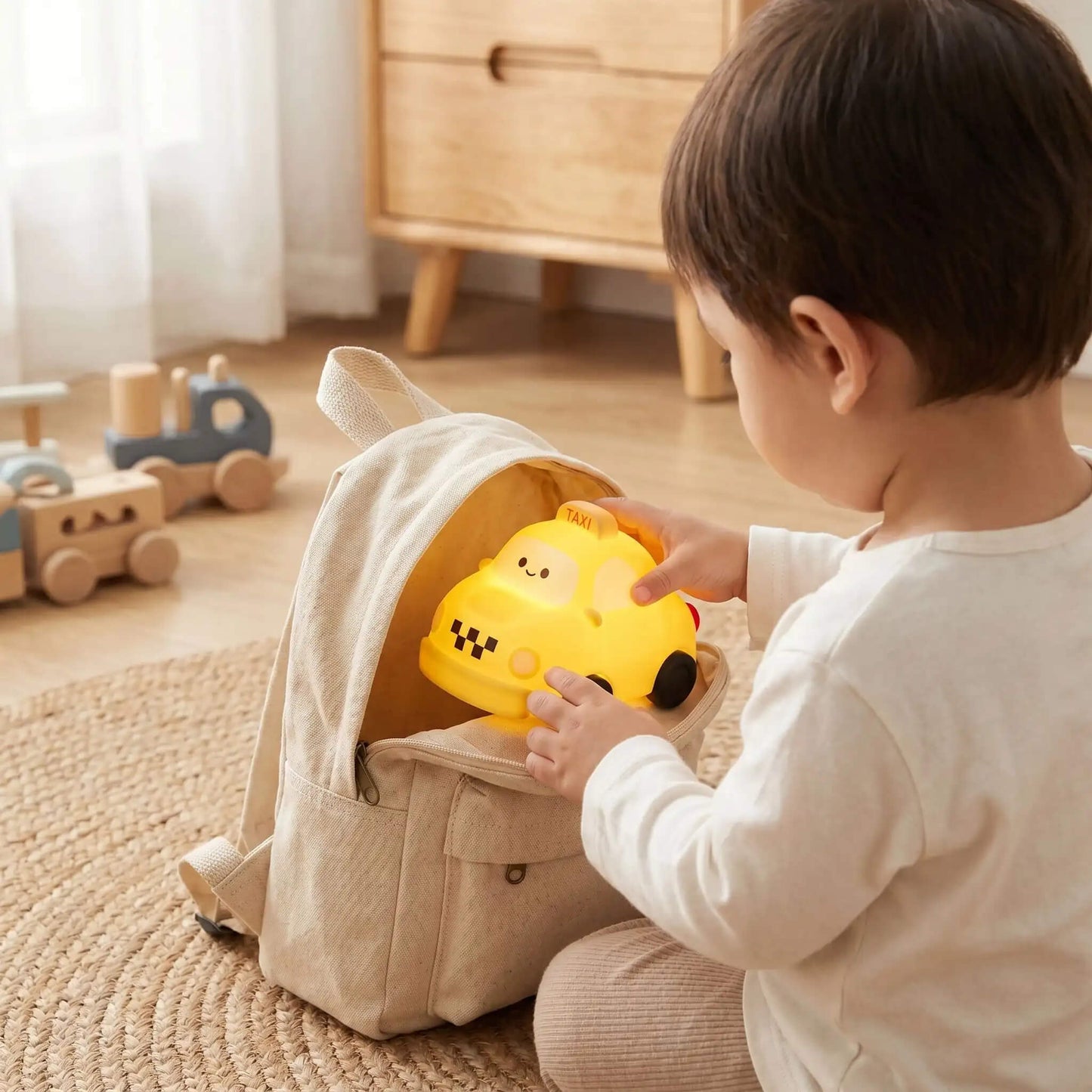 Veilleuse Enfant Taxi Jaune LED Rechargeable – Lampe Tactile en Silicone Souple - Kidstresor
